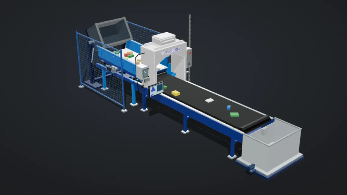 Overview of the Wasoria characterization bench: tipper and vibrating feeder, gantry fitted with the Wasoria Box, touch terminal, conveyor and scale.