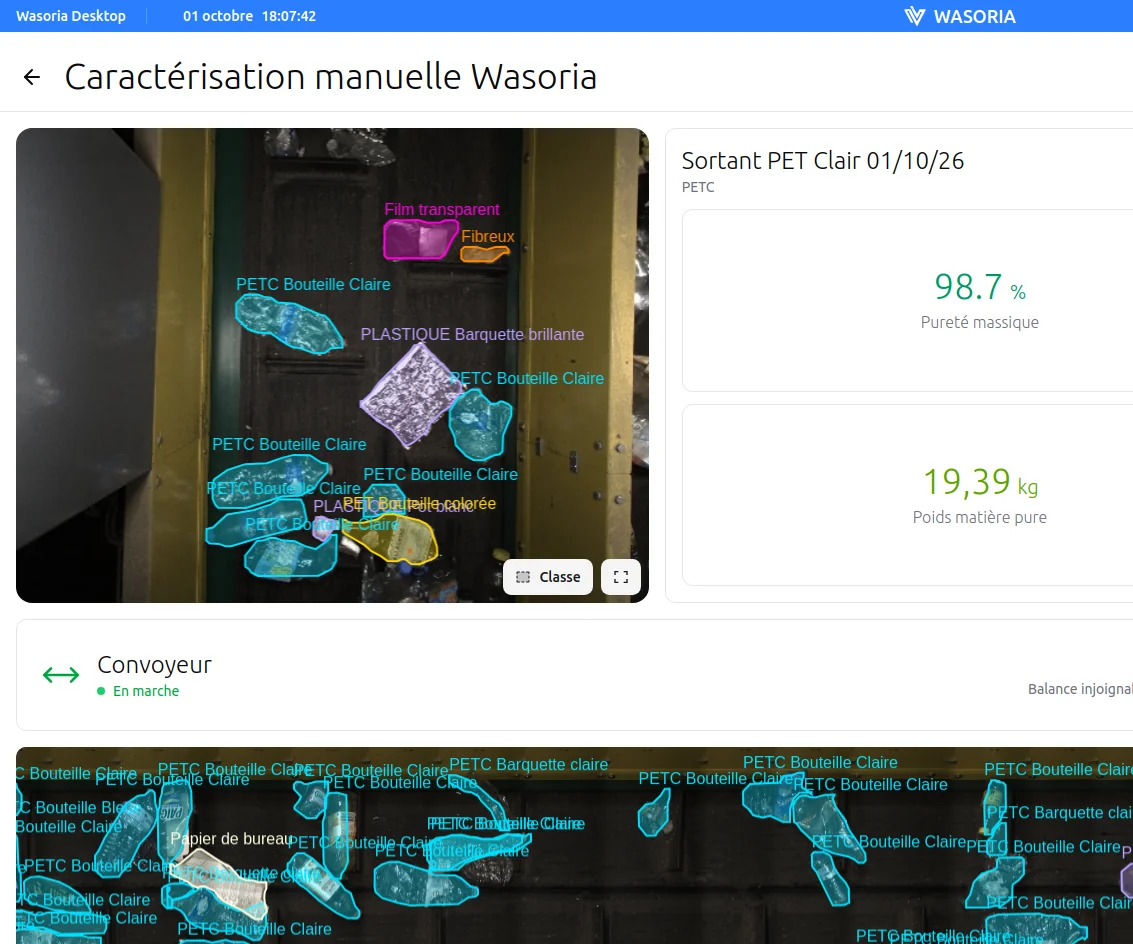 Wasoria Characterization interface: objects detected and classified on the conveyor, mass purity and pure material weight of the sample.
