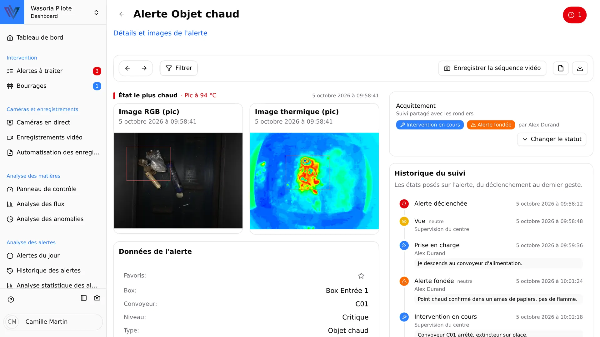 Alert detail in Wasoria Pilot: color and thermal images of the detected object