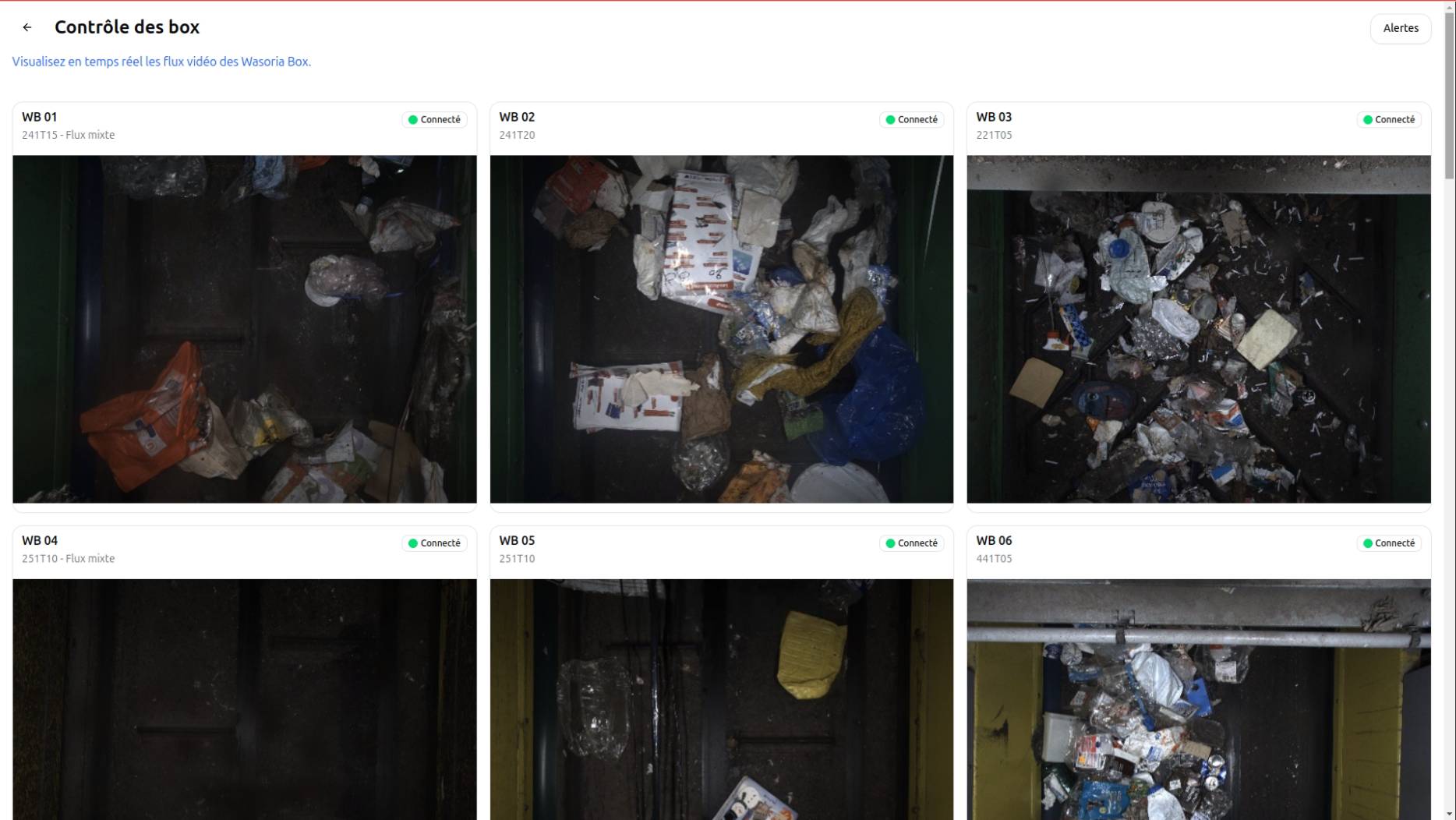 Capture d'écran de l'une section d'observation des flux par caméras