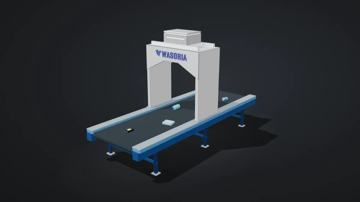 Overview of the gantry fitted with the Wasoria Box, above a conveyor.
